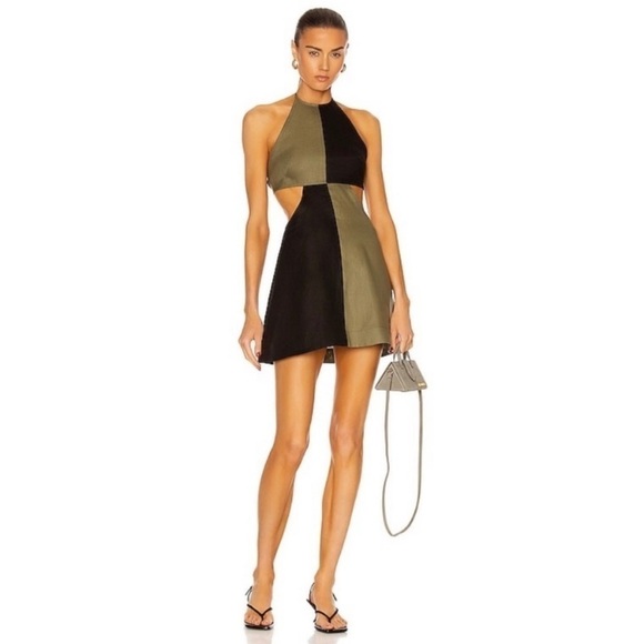 Matthew Burch Colorblock Cutout Open Back Linen Mini Halter Dress - Picture 2 of 16